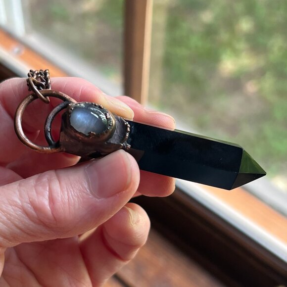 Black Obsidian & Gray Moonstone Pendant Necklace by Query Eve - Picture 2 of 6